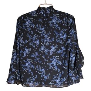 Vince Camuto Black Blue Paisley Ruffle Sleeve Blouse Size M
